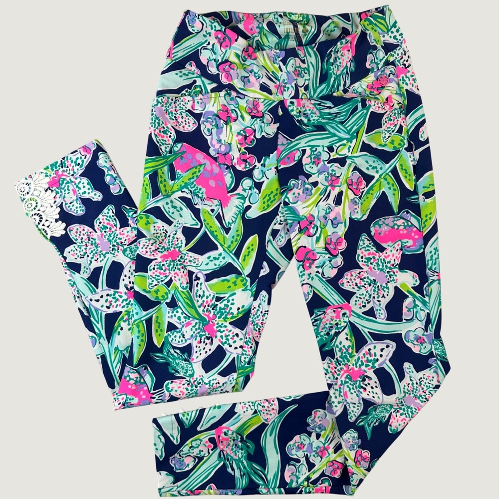 Lilly Pulitzer Luxletic Corso Pants UPF 50+ Splendor Sand Floral Lace Navy Sz 0